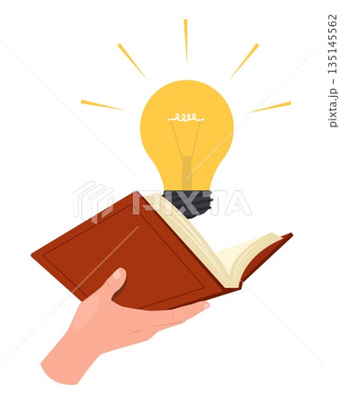 Hand holds open book and light bulb. Glowing lightbulb. Reading literature. Textbook studying. Searching solution. Brainstorm and insight. Vector concept of gaining knowledge or new ideas Hand holds open book and light bulb. Glowing lightbulb. Reading literature. Textbook studying. Searching solution. Brainstorm and insight. Vector concept of gaining knowledge or new ideas 135145562
