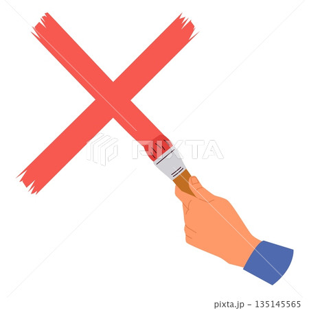 Hand with paintbrush drawing red cross on wall. Arm holding brush and painting graffiti. Stop or rejection icon. Negative prohibition symbol. Dislike and incorrect mark. Vector concept Hand with paintbrush drawing red cross on wall. Arm holding brush and painting graffiti. Stop or rejection icon. Negative prohibition symbol. Dislike and incorrect mark. Vector concept 135145565