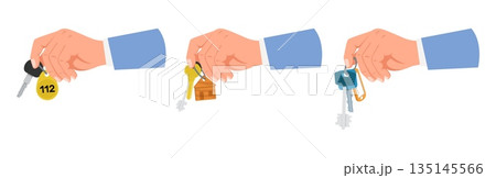 Hands holding keys to house, locker or hotel room. Human arms giving gesture. Latchkey on realtors and owners palms. Building purchase. Rental home. Safe keyring. Vector lock openers set Hands holding keys to house, locker or hotel room. Human arms giving gesture. Latchkey on realtors and owners palms. Building purchase. Rental home. Safe keyring. Vector lock openers set 135145566