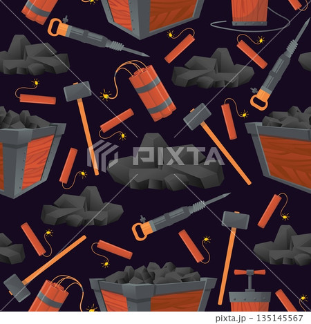 Mining tools for coal extraction. Work equipment seamless pattern. Hammer and jackhammer. Repeated print. Dynamite bomb with detonator. Wooden trolley. Pieces of coal. Vector background 135145567