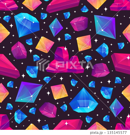 Precious stones seamless pattern. Brilliant crystals. Shiny diamonds. Emeralds or rubies facets. Treasure sapphires. Jewel amethysts. Repeated print. Sparkling quartz. Vector background 135145577