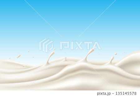 Realistic banner with natural cow milk and white splashes. Liquid flow motion. Milky border. Fresh dairy product drops. Fluid yogurt wave ripple. Cream splashing. Vector blue background Realistic banner with natural cow milk and white splashes. Liquid flow motion. Milky border. Fresh dairy product drops. Fluid yogurt wave ripple. Cream splashing. Vector blue background 135145578