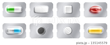Realistic blister packs pharmaceutical with tablets and capsules. Medical painkiller. Prescription remedy 3D package. Antibiotic wrap top view. Vector set of medicines in foil packaging 135145579