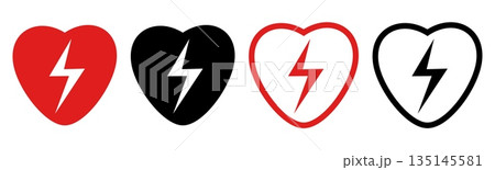 Red and black defibrillator icon with heart and lightning bolt symbol. Medical aid. Ambulance rescue. Electric defibrillation. Cardio rhythm. Silhouette or contour AED signs vector set 135145581
