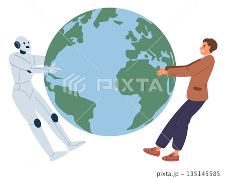 Robots and humans compete for control of planet. Competition between people and cyborgs. Artificial intelligence and man pull globe. Leadership battle. AI technology. Vector concept Robots and humans compete for control of planet. Competition between people and cyborgs. Artificial intelligence and man pull globe. Leadership battle. AI technology. Vector concept 135145585