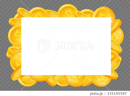White poster framed with gold coins around edges. Wealth and fortune success. Vector blank banner on transparent background Golden cash dollars border. Financial profit. Money jackpot. White poster framed with gold coins around edges. Wealth and fortune success. Vector blank banner on transparent background Golden cash dollars border. Financial profit. Money jackpot. 135145597