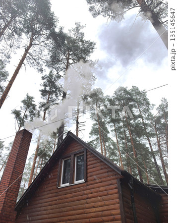 Cozy wooden cabin surrounded by tall trees with smoke rising into the sky 135145647