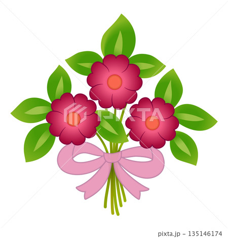 Bouquet of three red flowers and pink ribbon. Spring red flowers and green leaves. Bright summer bouquet illustration. Holiday design of flowers Bouquet of three red flowers and pink ribbon. Spring red flowers and green leaves. Bright summer bouquet illustration. Holiday design of flowers 135146174