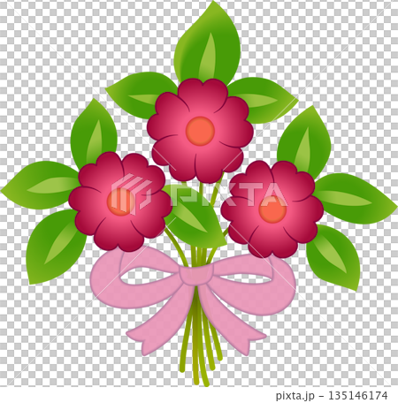 Bouquet of three red flowers and pink ribbon. Spring red flowers and green leaves. Bright summer bouquet illustration. Holiday design of flowers Bouquet of three red flowers and pink ribbon. Spring red flowers and green leaves. Bright summer bouquet illustration. Holiday design of flowers 135146174