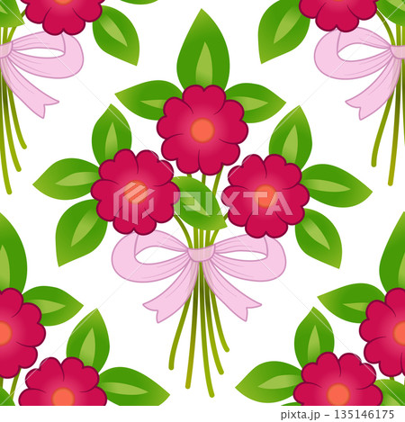 Bouquet of three flowers and ribbon. Spring red flowers and green leaves om white background. Summer flowers seamless pattern. Floral holiday design Bouquet of three flowers and ribbon. Spring red flowers and green leaves om white background. Summer flowers seamless pattern. Floral holiday design 135146175