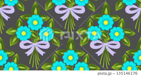 Bouquet of three flowers and pink ribbon. Spring blue flowers and green leaves. Summer flowers diagonal seamless pattern. Floral holiday design Bouquet of three flowers and pink ribbon. Spring blue flowers and green leaves. Summer flowers diagonal seamless pattern. Floral holiday design 135146176