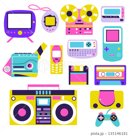 Retro 90s Technology Gadget Collection Flat Vector Illustration on White Background. Nostalgic Vintage Electronics Set Retro 90s Technology Gadget Collection Flat Vector Illustration on White Background. Nostalgic Vintage Electronics Set 135146181