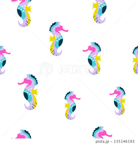 Seamless Pattern of Abstract Seahorses with Vibrant Pop Art Colors on White Background 135146193