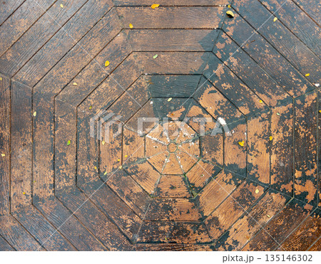Geometric Octagon Wooden Bench Pattern in Public Park. 135146302