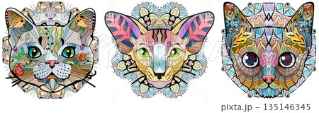 Set of stylized cat heads. Hand Drawn lace vector illustration Set of stylized cat heads. Hand Drawn lace vector illustration 135146345