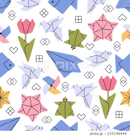 Animal figures made of colored paper. Origami seamless pattern. Asian polygonal papercraft. Japanese shapes. Creative dove bird and flower. Repeated print. Oriental hobby. Vector background Animal figures made of colored paper. Origami seamless pattern. Asian polygonal papercraft. Japanese shapes. Creative dove bird and flower. Repeated print. Oriental hobby. Vector background 135146444