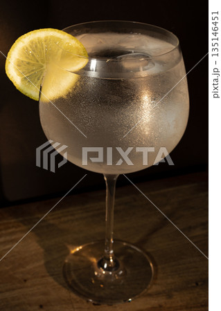 Refreshing gin and tonic in a frosted glass with ice and lemon wedge Copy space. Refreshing gin and tonic in a frosted glass with ice and lemon wedge Copy space. 135146451