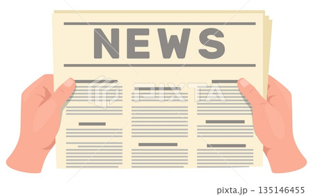 Hands holding paper newspaper. Breaking news. Male person reading print publication. Newsletter article. Journal reportage headline. Magazine content. Media propaganda. Vector concept Hands holding paper newspaper. Breaking news. Male person reading print publication. Newsletter article. Journal reportage headline. Magazine content. Media propaganda. Vector concept 135146455