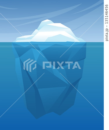 Iceberg made of snow and ice floats in cold ocean water. Icy chunks. Arctic rocks. Big underwater portions. Drifting polar bergs. Frozen glaciers. Vector Antarctic seascape background Iceberg made of snow and ice floats in cold ocean water. Icy chunks. Arctic rocks. Big underwater portions. Drifting polar bergs. Frozen glaciers. Vector Antarctic seascape background 135146456