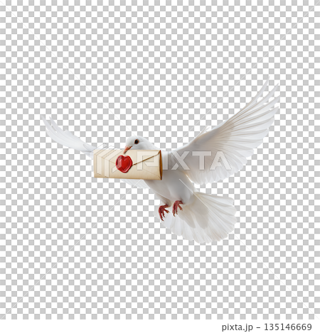 White dove of peace delivering sealed love letter, symbolizing hope, romantic messages, and heartfelt communication, isolated on transparent background 135146669