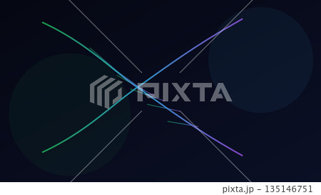 Dark abstract background with flowing multicolor lines crossing diagonally over two faint circles, creating a layered and energetic sense of digital movement. 135146751