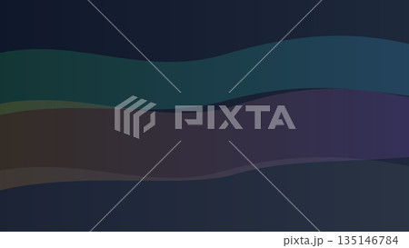 Minimal abstract composition with smooth wavy horizontal bands in green, blue, and purple tones on a dark background evoking calm motion and layered fluidity. 135146784