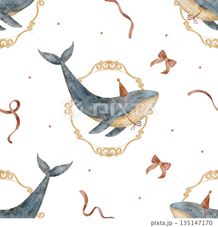 Blue whale pattern in vintage frame with red bow ribbon. Hand-drawn watercolor illustration fish in party hat in childish style. Seamless print isolated from background for apparel and textile design 135147170