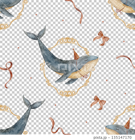 Blue whale pattern in vintage frame with red bow ribbon. Hand-drawn watercolor illustration fish in party hat in childish style. Seamless print isolated from background for apparel and textile design 135147170