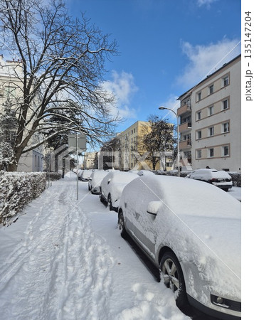 Heavy Snow-Covered City Street with Buried Parked Cars on a Sunny Winter Day Heavy Snow-Covered City Street with Buried Parked Cars on a Sunny Winter Day 135147204