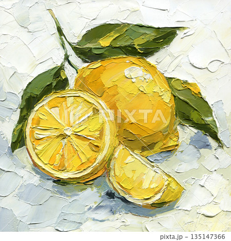 Lemon impasto still life with glossy peel leaves and cut citrus wedge on textured white background for minimal Mediterranean decor 135147366