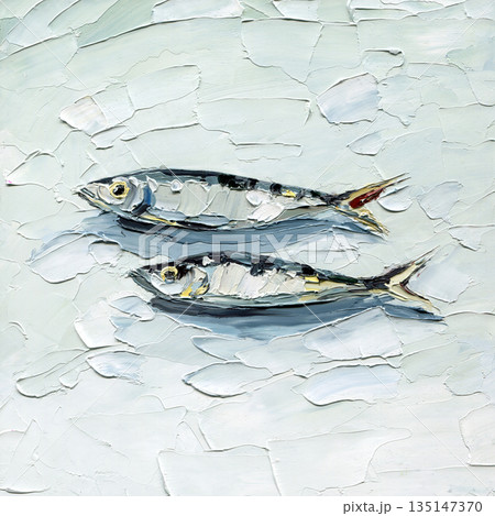 Sardines impasto painting of two silver fish on textured white background for coastal kitchen decor and seafood menu design Sardines impasto painting of two silver fish on textured white background for coastal kitchen decor and seafood menu design 135147370