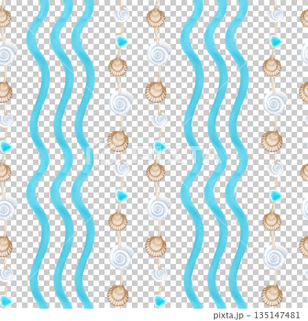 Seamless pattern with shells on a jute rope and stylized turquoise waves. Watercolor illustration on an isolated background. Seamless background in marine, beach style. Seamless pattern with shells on a jute rope and stylized turquoise waves. Watercolor illustration on an isolated background. Seamless background in marine, beach style. 135147481