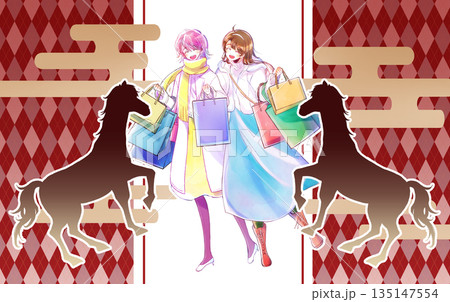 買い物袋をたくさん持った女性2人　笑顔　冬　初売り　午年 135147554