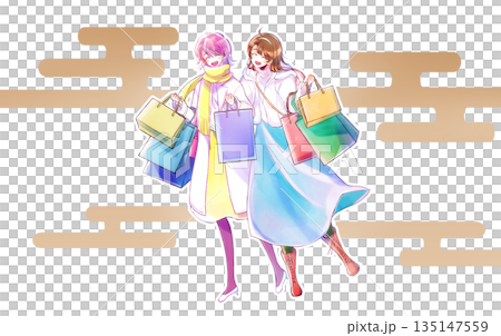 買い物袋をたくさん持った女性2人　笑顔　冬　初売り　霞 135147559