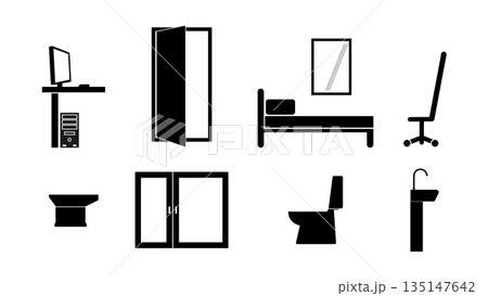Home furniture and bathroom fixture icon set, flat vector silhouette. 135147642