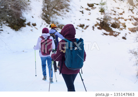 Snowy Winter Hike With Friends Carrying Backpacks On A Snow-Covered Trail Snowy Winter Hike With Friends Carrying Backpacks On A Snow-Covered Trail 135147663