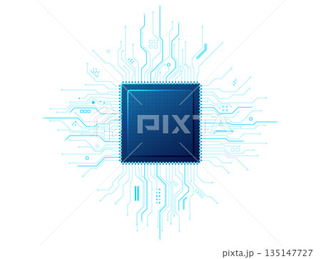 Chip with blue tech wiring on a transparent background. 135147727