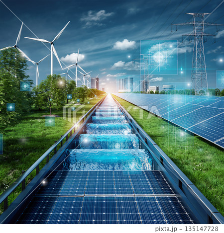 Renewable energy sources with wind turbines and solar panels under a clear sky during the afternoon sun Renewable energy sources with wind turbines and solar panels under a clear sky during the afternoon sun 135147728