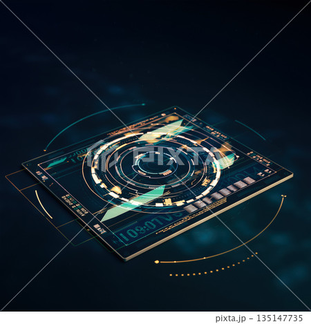 Hologram interface displays data and graphics in a futuristic cloud setting with glowing elements and digital designs 135147735