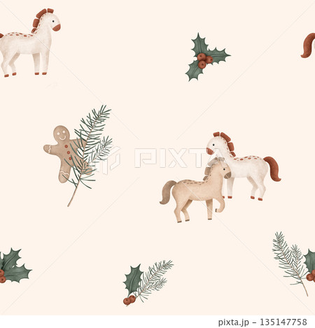 Seamless pattern with cute horse and red berries holly and fir tree branches in minimalist scandinavian style. Hand drawn illustration of beige cartoon animals and gingerbread man. 135147758