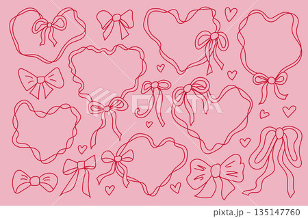 Hand drawn hearts and bows Valentines day illustration set 135147760