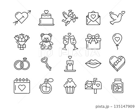 Valentine's Day Icon Set: 20 Romantic Linear Icons for Love and Wedding 135147909