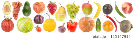Beautiful fresh vegetables fruits berries isolated on white 135147934