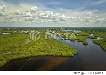 Aerial view of Florida wetlands with green vegetation between ocean water inlets and rural homes. Natural habitat of many tropical species Aerial view of Florida wetlands with green vegetation between ocean water inlets and rural homes. Natural habitat of many tropical species 135148041