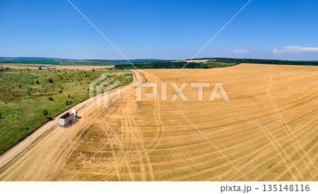 Aerial view of cargo trucks on dirt road between agricultural wheat fields. Transportation of grain after being harvested by combine harvester during harvesting season 135148116