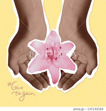 Give to gain concept with human hands holding a flower. Collage with halftone cupped hands and lily flower. Vector illustration 135148168