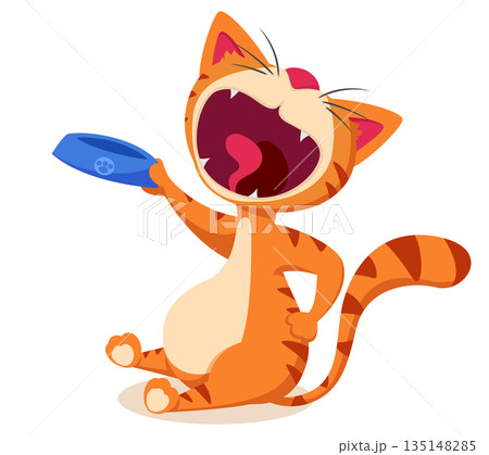 Cat asks for food and holds an empty bowl on a white background. Character Cat asks for food and holds an empty bowl on a white background. Character 135148285