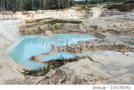 quarry with kaolin clay, light sand and blue water, landscape, industrial excavation of useful minerals 135148342