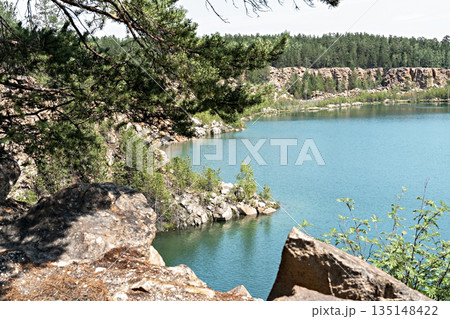 View of the blue turquoise river or lake with branches of coniferous trees and rocky shores, beautiful landscape with bright water copy space nature, tourism 135148422