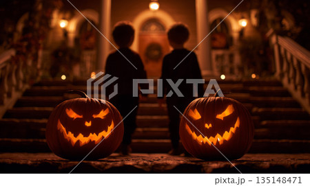 children trick-or-treating in a suburban neighborhood with carved pumpkins on doorsteps 135148471